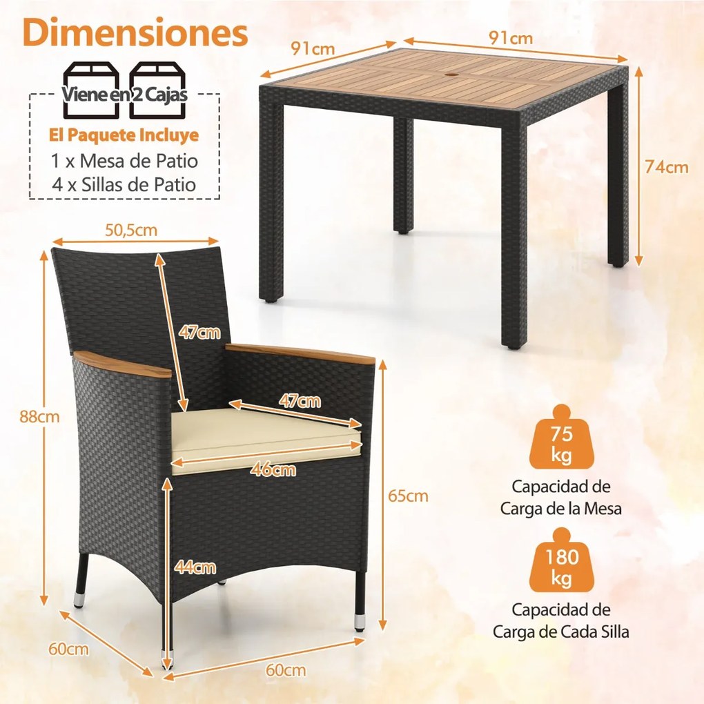 Conjunto de jantar de Jardim de 5 peças para 4 pessoas Conjunto de rattan com orifício para guarda-sol, almofadas e superfície em acácia Preto