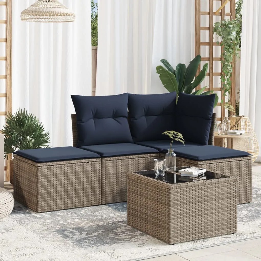 vidaXL 5 pcs conjunto sofás p/ jardim c/ almofadões vime PE cinzento