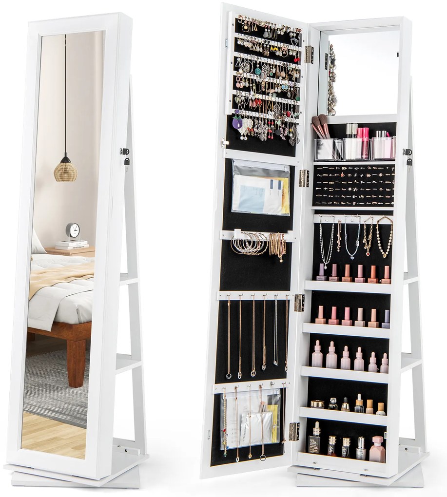 Armário de joias giratório 360°, organizador autônomo com espelho e prateleiras traseiras, 3 caixas e 2 bolsos com zíper, marrom rústico