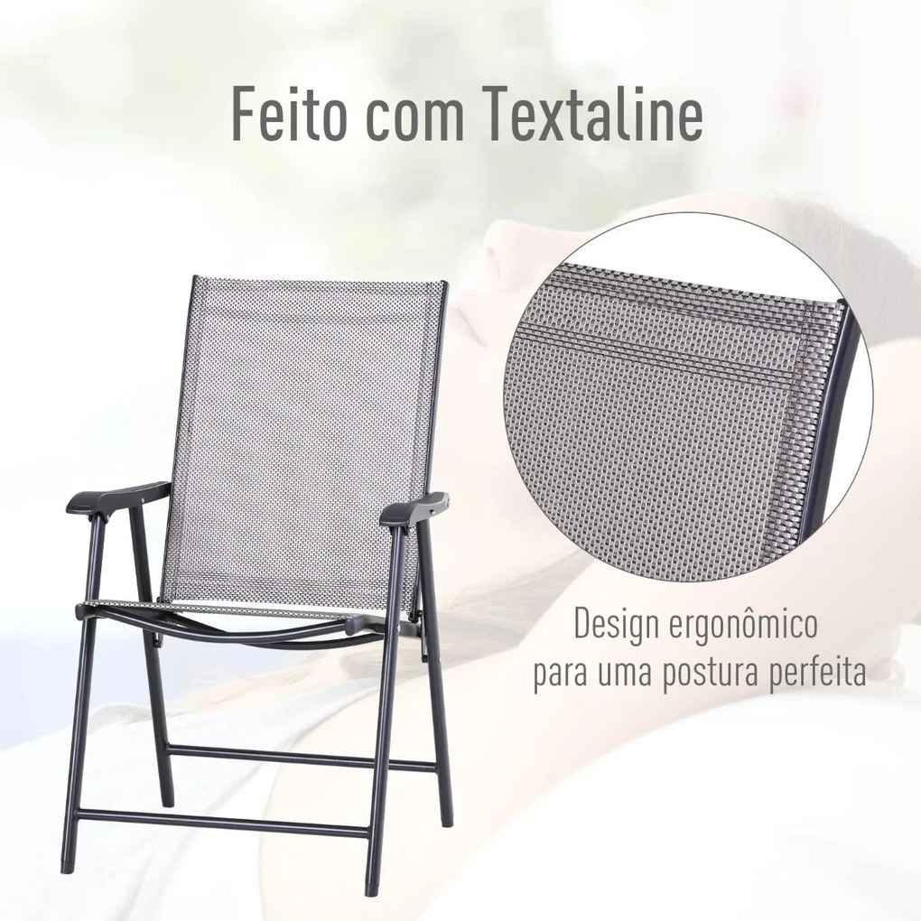 Conjunto de 2 cadeiras dobráveis Com apoio de braços para varanda Jardim Terraço Carga 100kg 58x64x94 cm Cinza