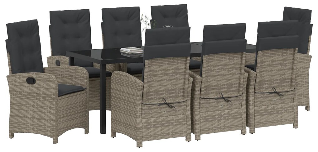 Conjunto de Jantar de Jardim 9 Peças com Almofadas Cinzas de Rattan Po