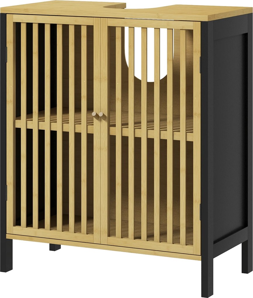 Móvel de lavatório 60 x 30 x 70 cm (NÃO INCLUIDO) com 2 portas e prateleira ajustável , armário de arrumação para lavatório em preto, natural
