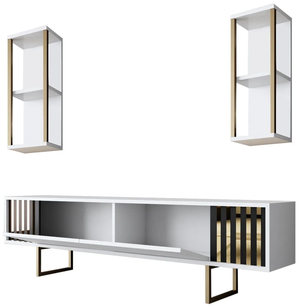 Móvel de TV "Gold" com 2 Prateleiras de Parede – Branco e Dourado - 18
