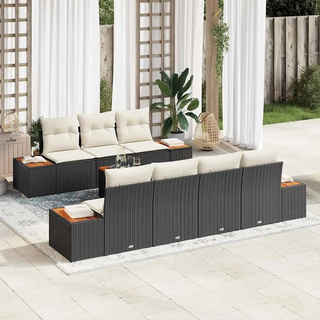 vidaXL Sofá de Jardim 8 Peças com Almofadas Pretas em Rattan Sintético de Acácia