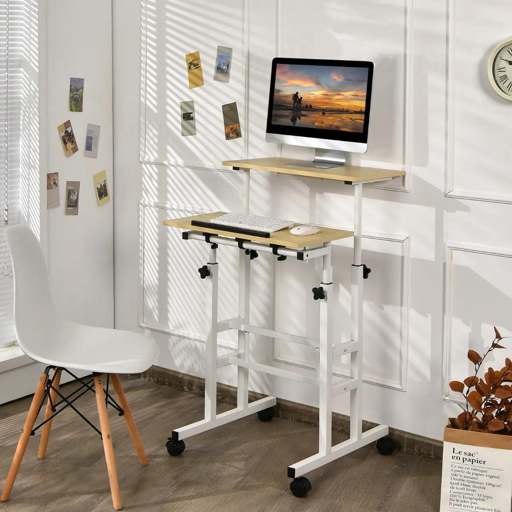 Mesa de Secretária Móvel Computador com Rodas Mesa Sentada e de Pé Regulável em Altura Natural e Branco