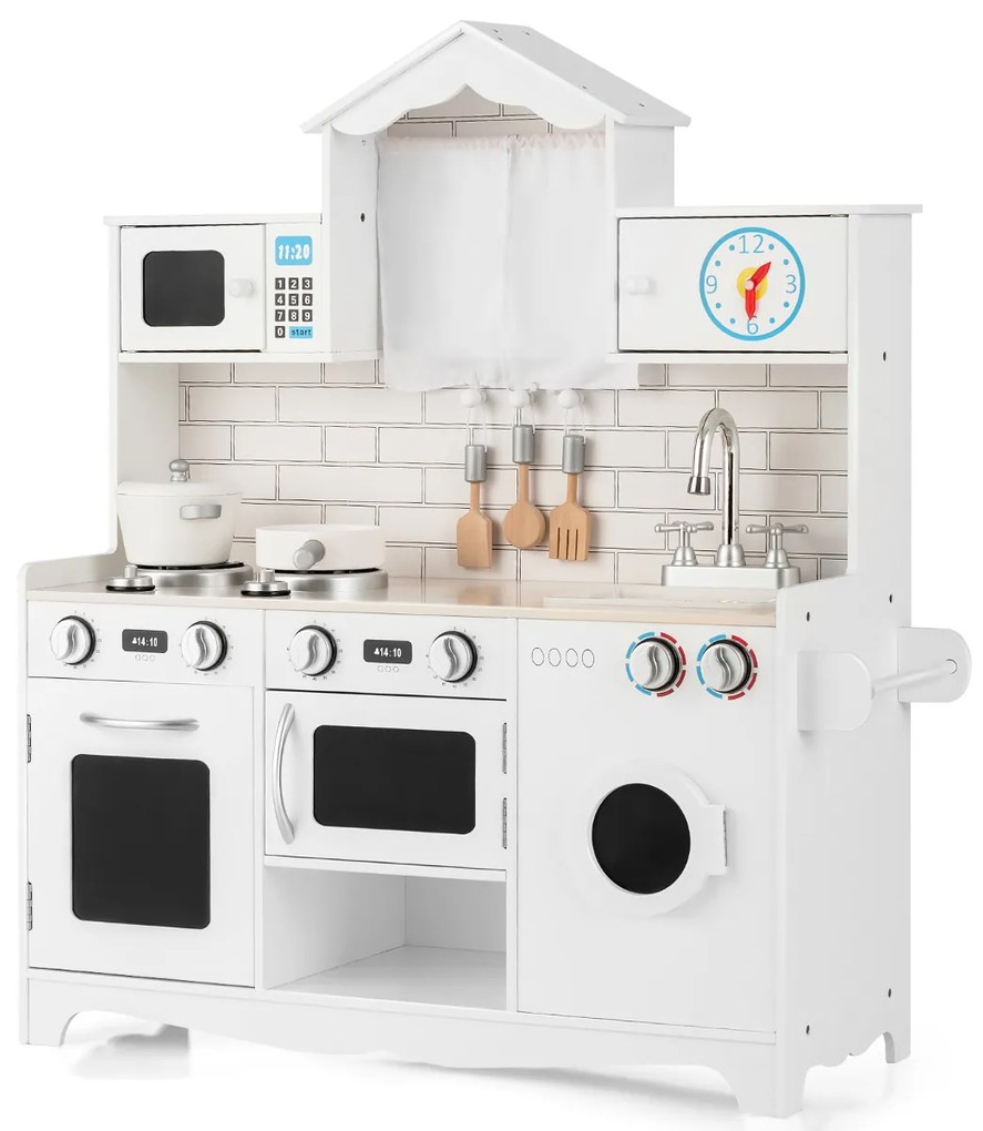 Cozinha Brincar de madeira para crianças com máquina de lavar roupa Forno micro-ondas Forno lava-loiça Fogão Brinquedo de cozinha para crianças com ma