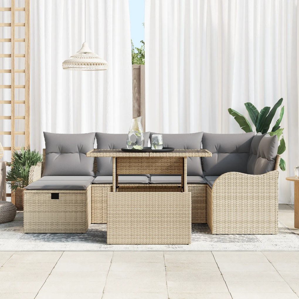 Conjunto de Sofá de Jardim de 7 Peças com Almofadas Bege Rattan Poli,
