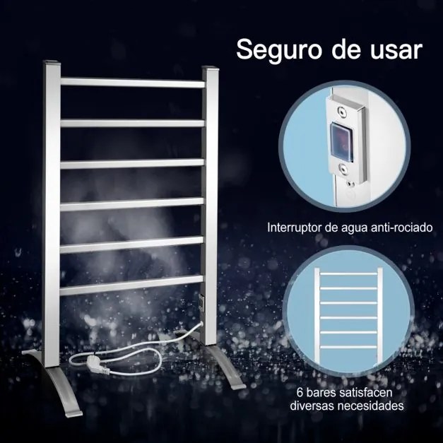 Toalheiro elétrico com 6 barras Aquecedor para aquecer e secar roupa e toalhas 2 em 1 Vertical e de parede 53 x 35 x 90 cm Prateado