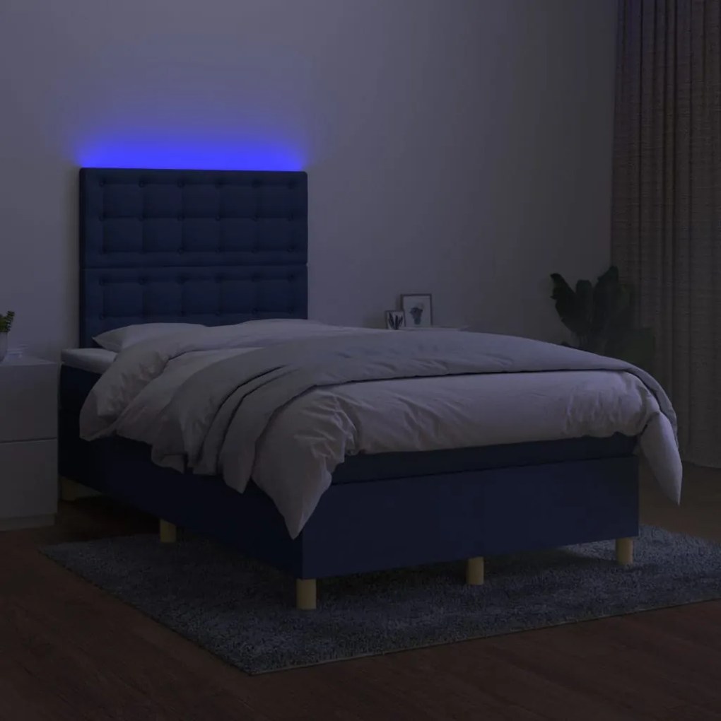 Cama box spring c/ colchão e LED 120x200 cm tecido azul