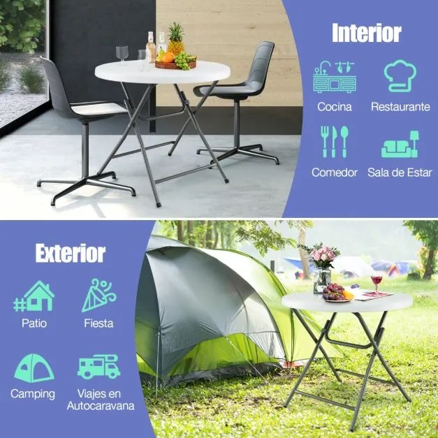 Mesa jardim redonda dobrável 81 x 81 x 73,5 cm  com tampo grosso em HDPE e estrutura metálica robusta para uso interno e externo Branca