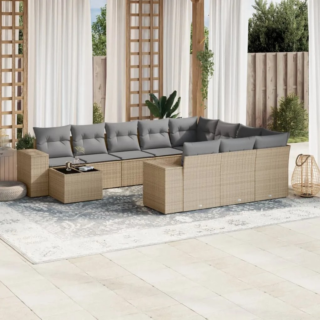 11 pcs conjunto sofás de jardim c/ almofadões vime PE bege
