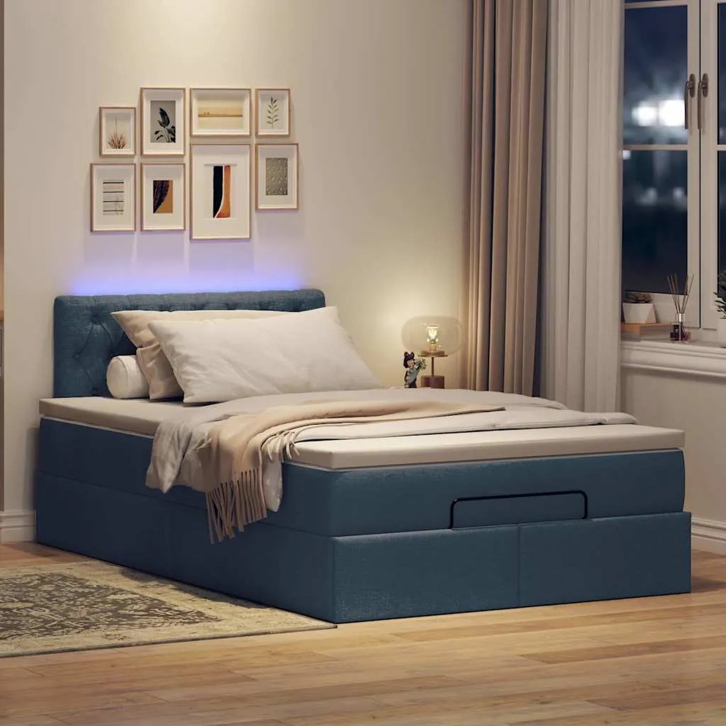 Cama Otomana com Colchão & LEDs Tecido Azul 120x200 cm