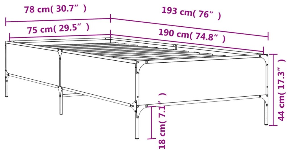 Estrutura de cama 75x190 cm derivados de madeira e metal preto