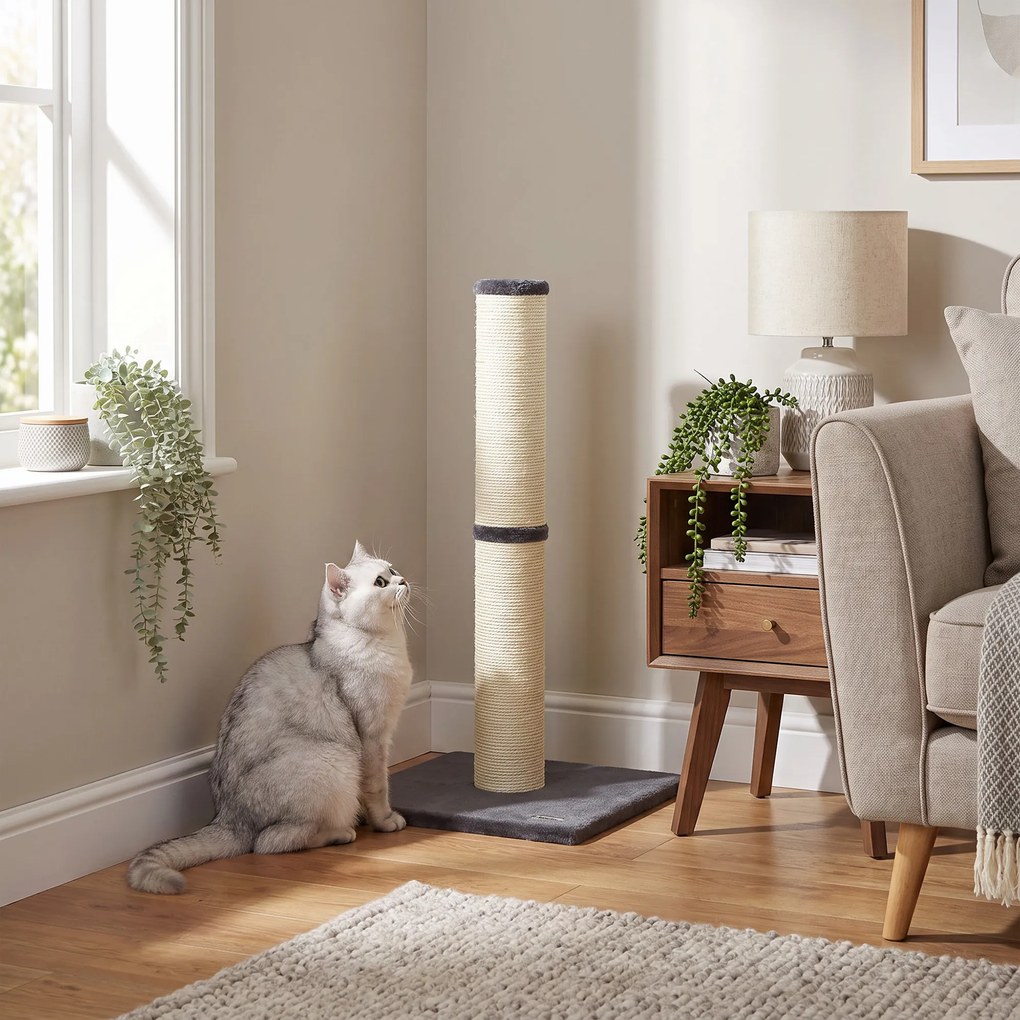 Arranhador para Gatos Leve Alto 80 cm com Corda de Sisal e Base em Aglomerado e Pelúcia Cinza Escuro