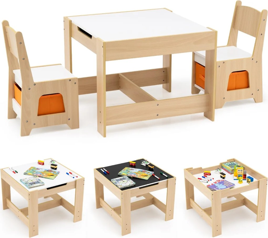 Conjunto de mesa e duas cadeiras infantis com tampo duplo, gavetas de tecido e estrutura de madeira para desenhar, ler ou brincar Natural
