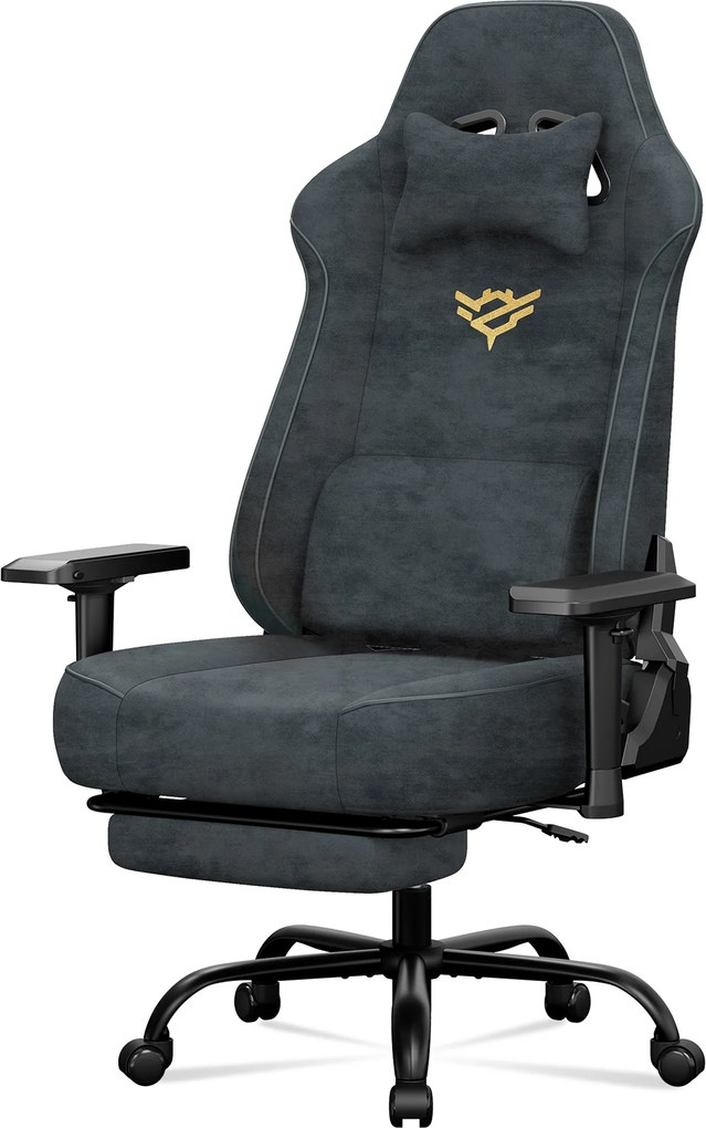 Cadeira de gaming em imitação de camurça com apoios de braços 4D, apoio para os pés e mola ensacada, até 200 kg, cinzento antracite