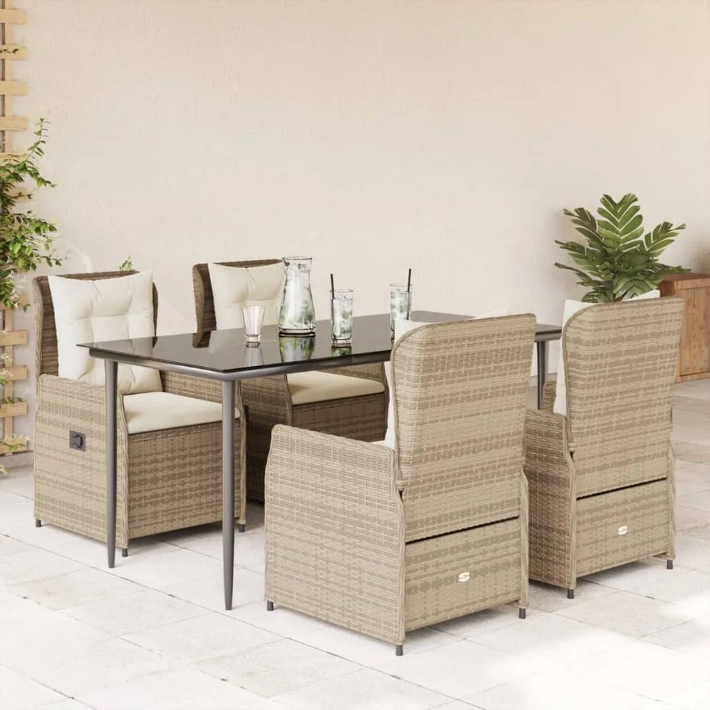 5 pcs conjunto de jantar p/ jardim com almofadões vime PE bege