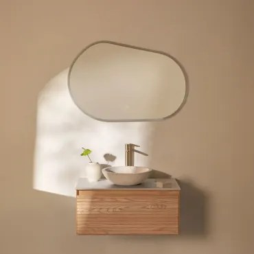 Conjunto De Móvel De Casa De Banho Suspenso 80x50 Cm Em Madeira De Freixo Tedrik Castanho Fresno & Cimento Redondo Branco Ø40 Cm Zavion & Oval - Sklum