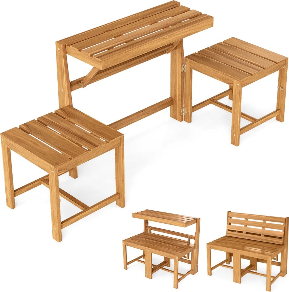 Banco de madeira de acácia 3 em 1, convertível em mesa e cadeiras + estante para plantas multifuncional para terraço e jardim, com um estilo natural