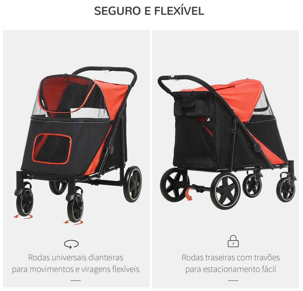 Carrinho para Cães Dobrável com Janelas de Malha Cinto de Segurança e Bolsos de Armazenamento 112x65x100 cm Vermelho