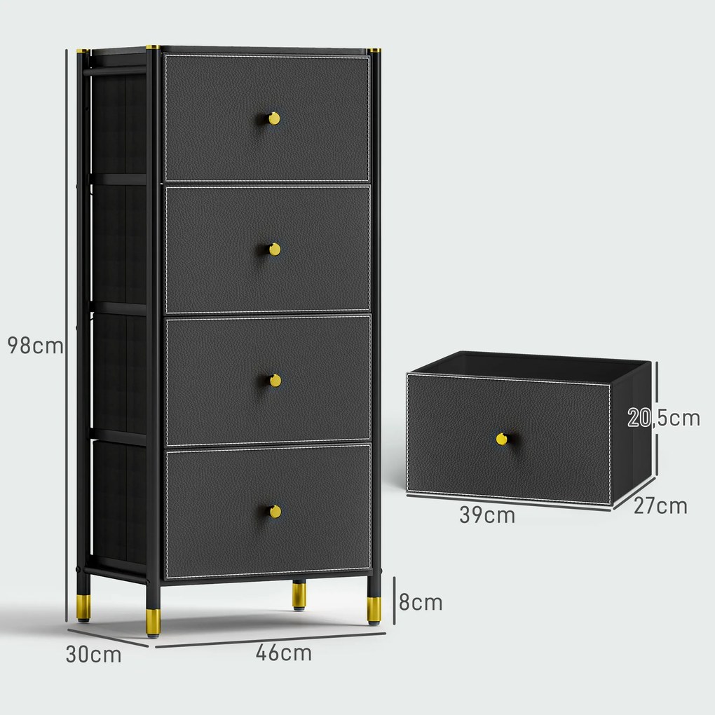 Cómoda para Dormitório Cómoda de Tecido com 4 Gavetas Dobráveis com Frentes de Couro PU 46x30x98 cm Preto