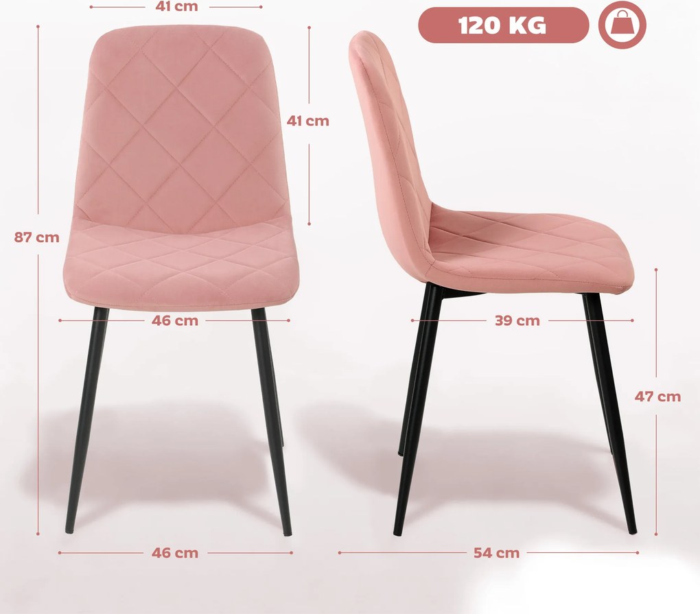Conjunto de 4 Cadeiras de Jantar em Veludo (MESA NÃO INCLUIDA) com Pernas de Aço para Sala 45x54x87 cm Rosa
