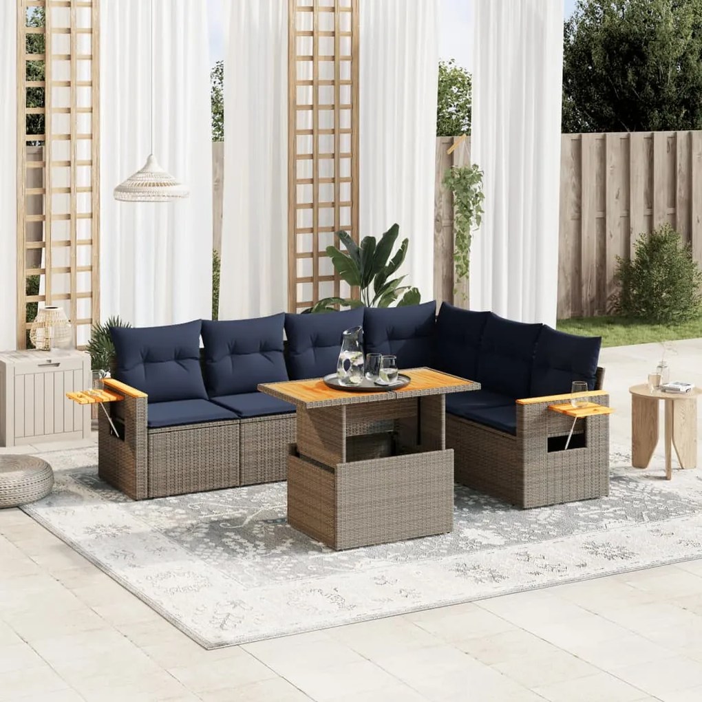 vidaXL 7 pcs conjunto sofás p/ jardim c/ almofadões vime PE cinzento