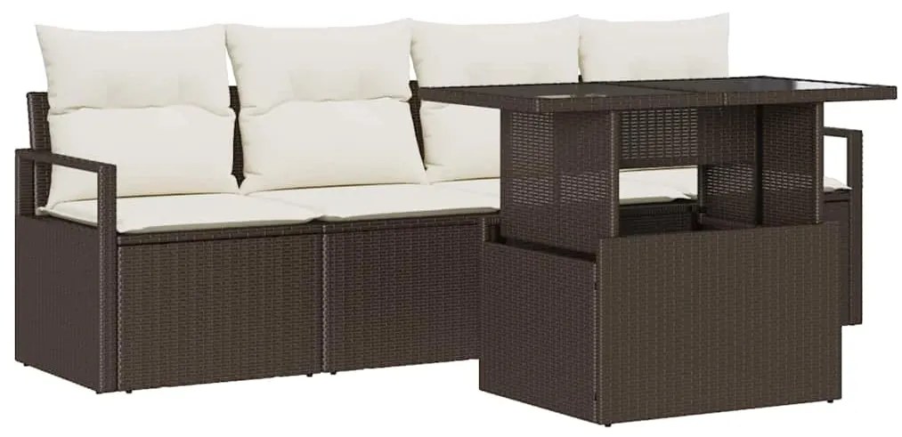 Conjunto de Sofá de Jardim Conjunto de 4 Castanho e branco