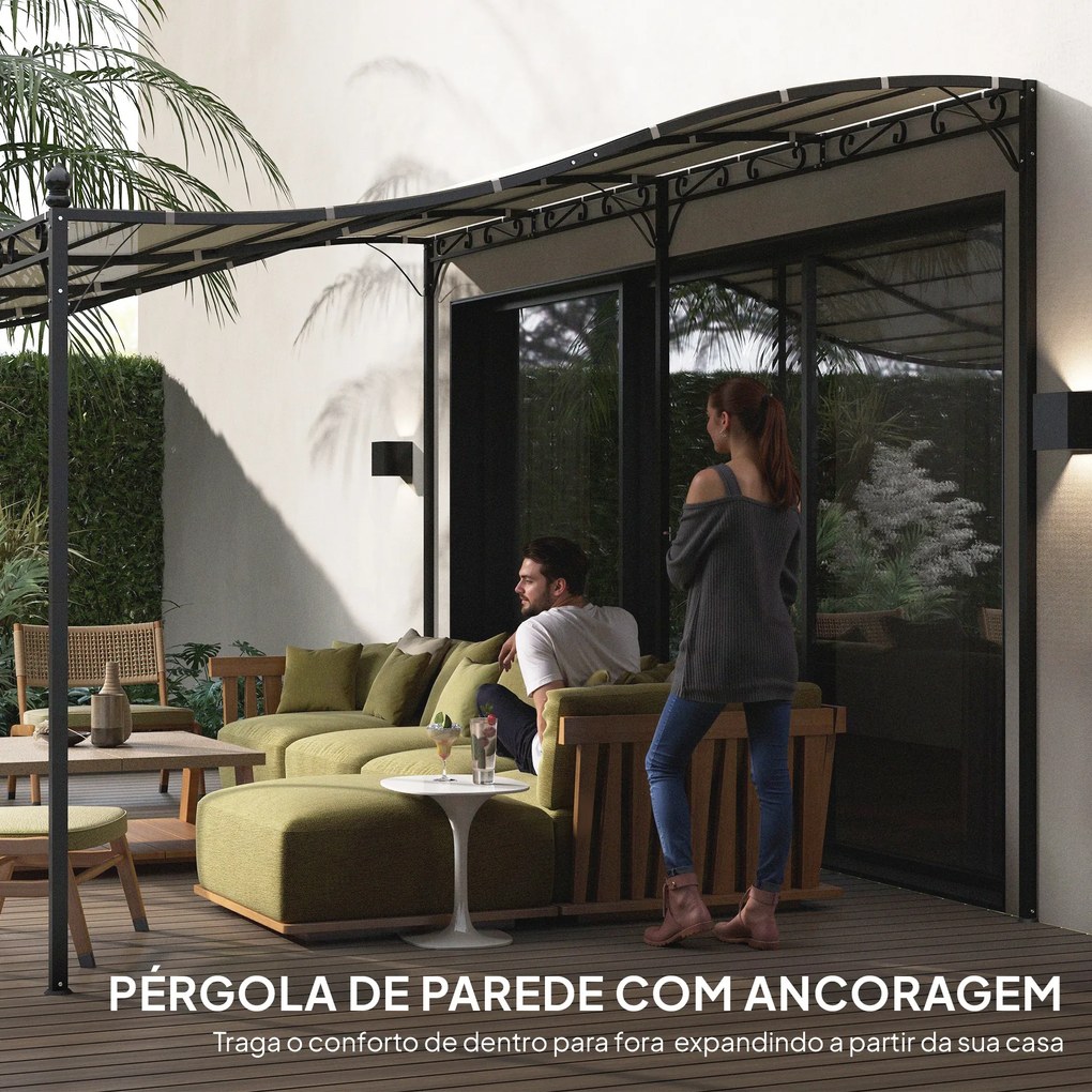 Pérgola de Parede 3x6 m com Telhado Inclinado Orifícios de Drenagem e Estrutura Metálica Creme