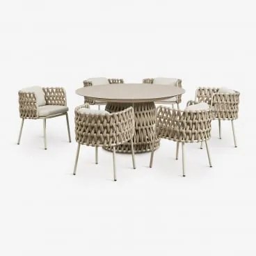 Conjunto De Mesa Redonda Ø140 Cm Em Cerâmica E 6 Cadeiras De Jardim Com Apoios De Braços Em Alumínio E Corda Trançada Tevary Tapioca Bege & Tela Bege