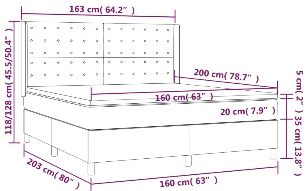 Cama box spring c/ colchão/LED 160x200 cm veludo azul-escuro