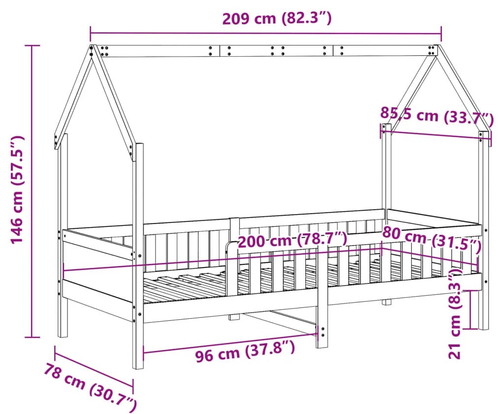 Cama infantil formato casa 80x200 cm pinho maciço branco