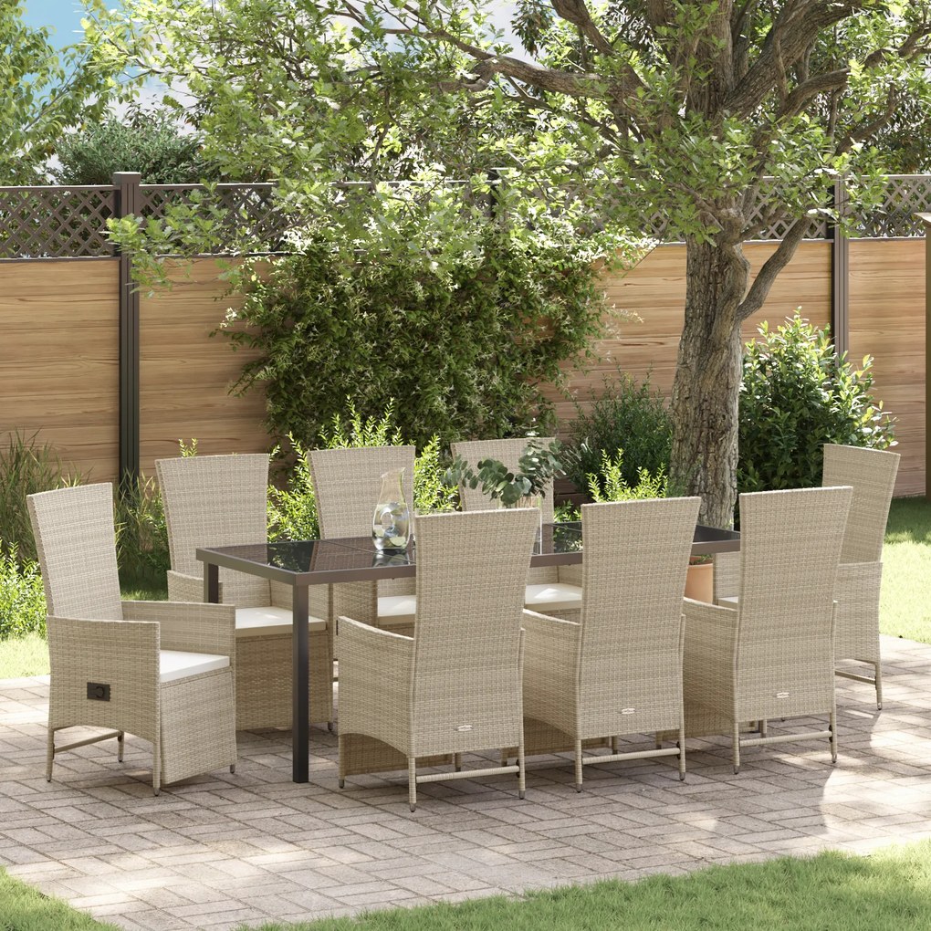 vidaXL Conjunto de Jantar de Jardim de 9 Peças com Almofadas Bege Rattan Sintético