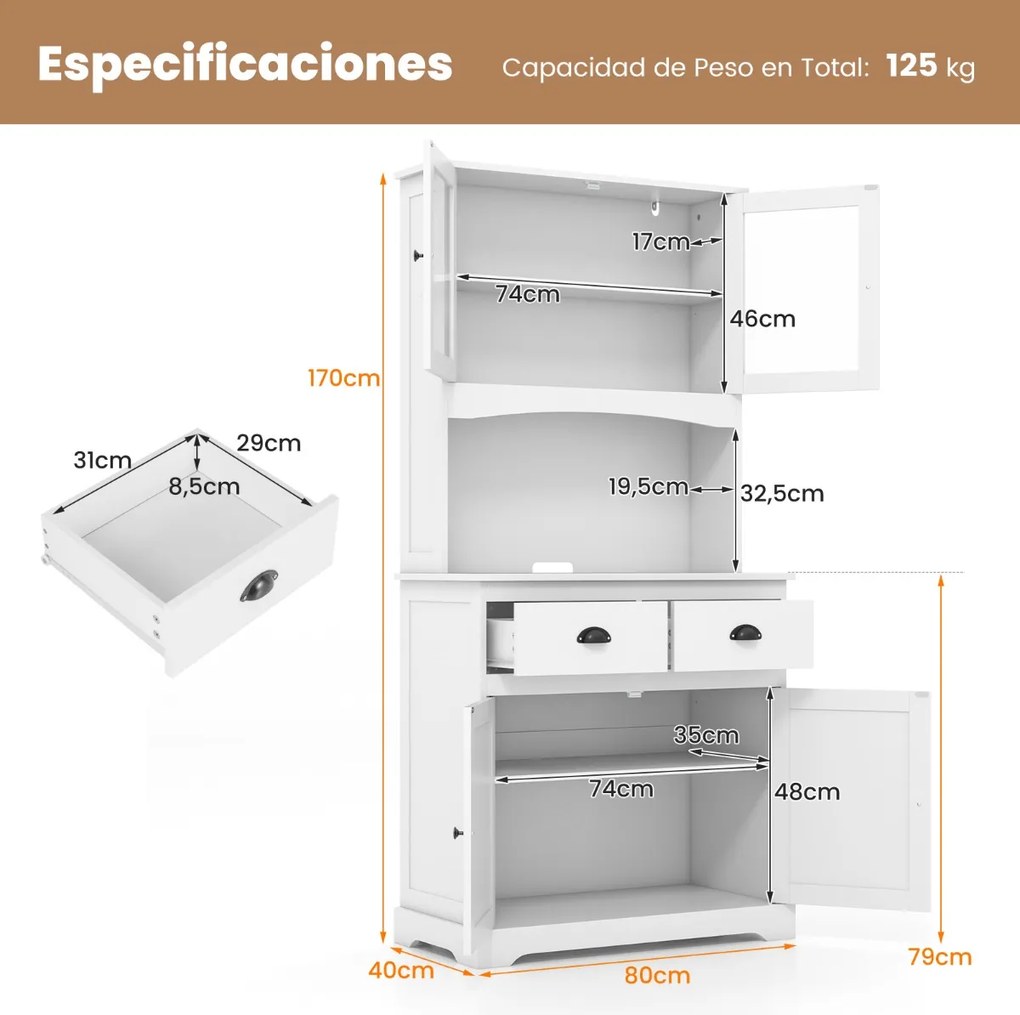 Armário de cozinha com portas de vidro temperado Estantes e gavetas ajustáveis Branco