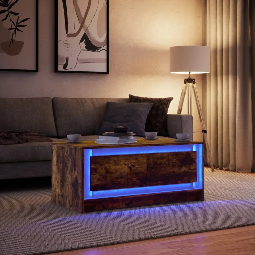 Mesa de centro c/ luzes LED derivados madeira carvalho fumado