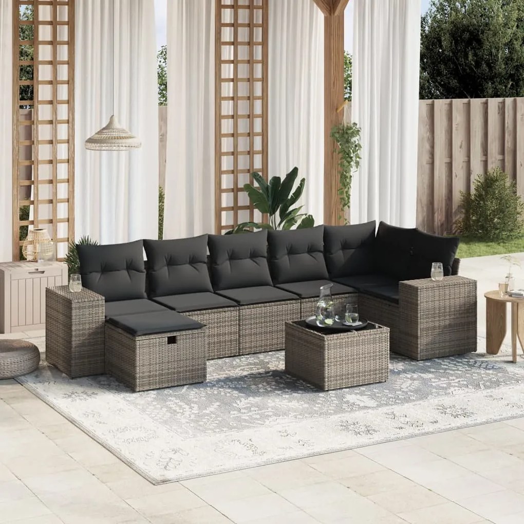 8 pcs conjunto sofás de jardim c/ almofadões vime PE cinzento