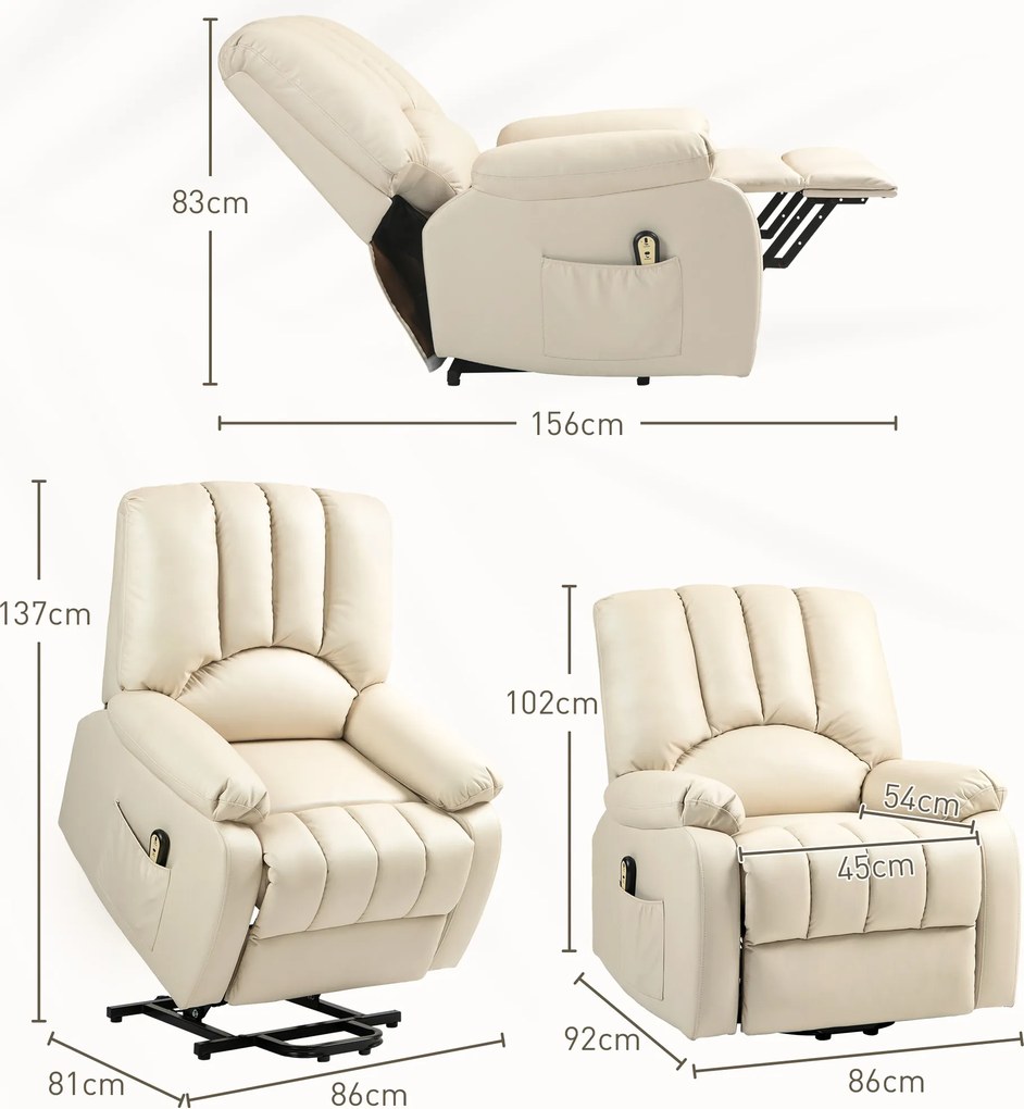 Poltrona relaxante reclinável elétrica com função de levantamento, apoio para os pés e comando à distância 86 x 92 x 102 cm Bege