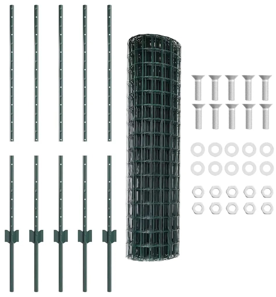 Cerca Euro com 5 Posts U Verde 1x10 m Aço