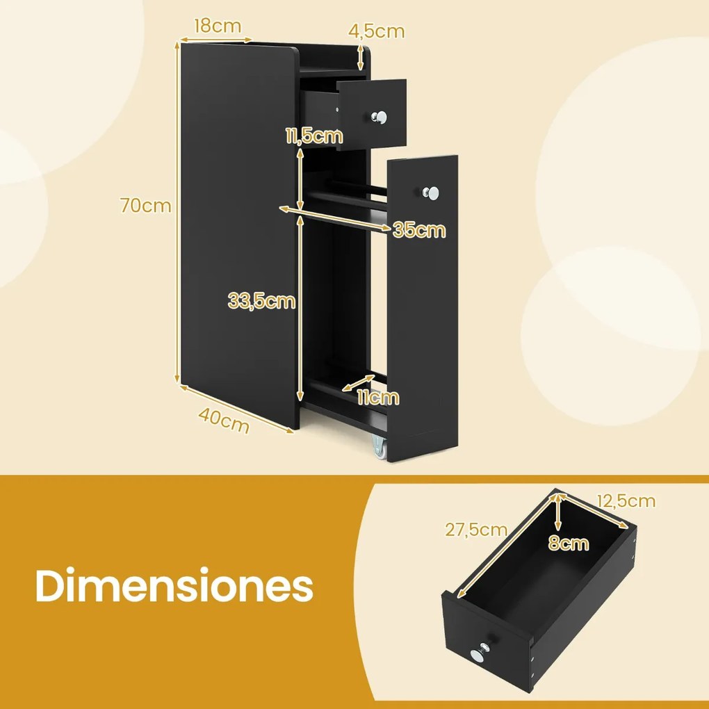 Armário pequeno estreito para casa de banho ou cozinha 40 x 18 x 70 cm de 4 níveis com gavetas deslizantes Preto