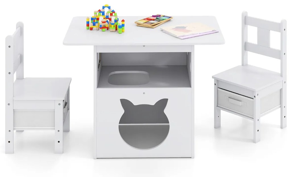Conjunto de mesa e cadeiras infantil 2 em 1 com casinha para gatos e janela transparente. Inclui cubos de tecido para crianças com mais de 3 anos. Bra