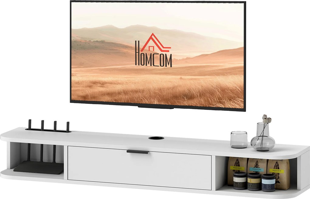 Móvel de TV suspenso, móvel para televisores até 50 polegadas, com gaveta rebatível e 2 prateleiras, 120 x 24 x 16 cm, branco