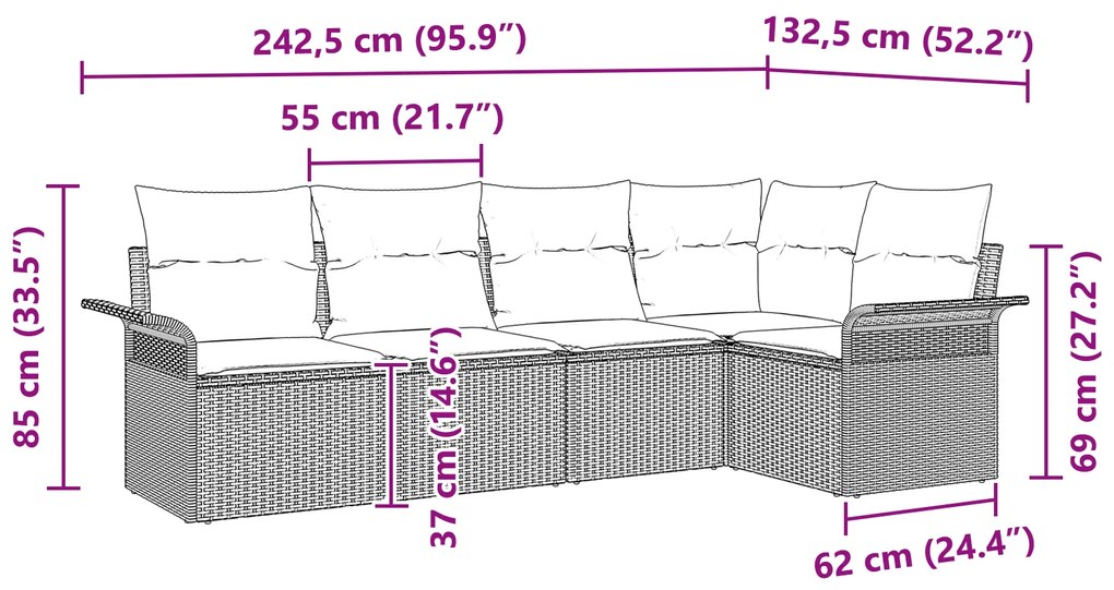Conjunto de Sofás de Jardim 5 Peças com Almofadas Castanho Rattan Poli
