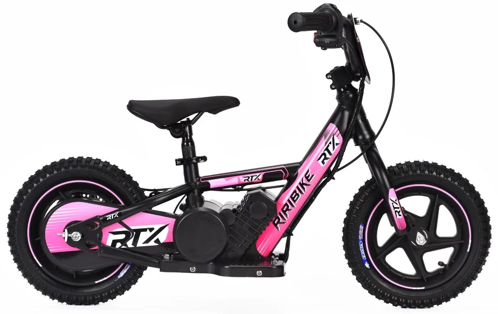 Bicicleta eléctrica para crianças RIRIBIKE RTX3 24V (12"), bateria de lítio, motor de 100W, travão de disco, assento ajustável em PU macio Rosa