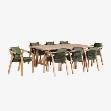 Conjunto De Mesa Retangular (200x100 Cm) E 8 Cadeiras De Jantar Em Madeira De Acácia Dubai Verde Exército Claro & Castanho Acácia Rústico - Sklum