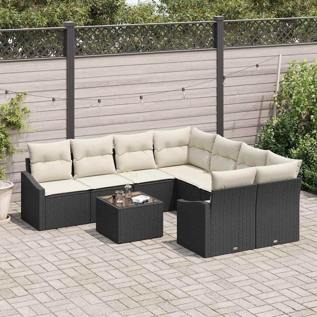 Conjunto de Jantar de Jardim de 9 Peças com Almofadas Preto Rattan de