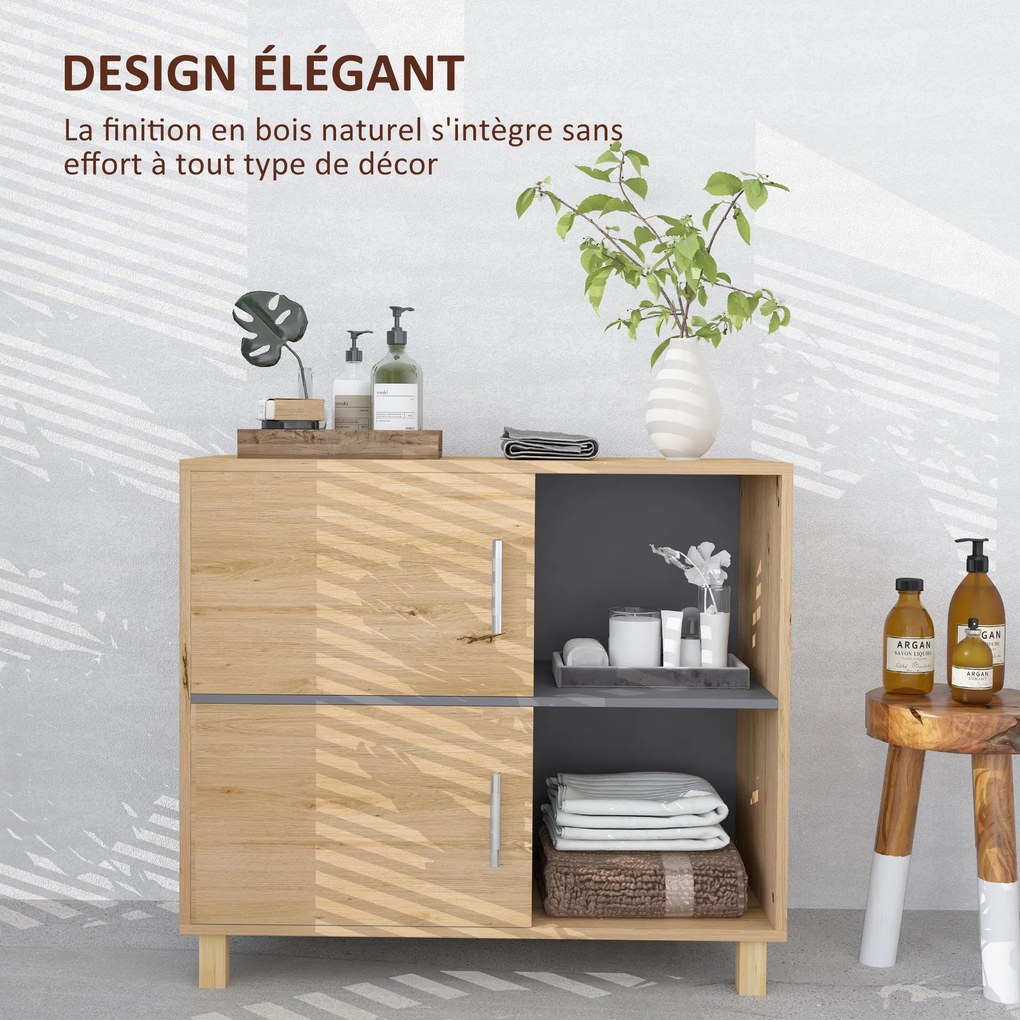 Móvel de casa de banho 80 x 35 x 70 cm, de arrumação com compartimentos abertos e armário, cor de madeira natural