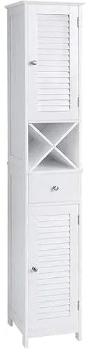 Armário de chão VASAGLE, armário alto para banheiro com portas de veneziana, gaveta e suporte removível em formato de X, 32 x 30 x 170 cm, estilo escandinavo, branco BBC69WT