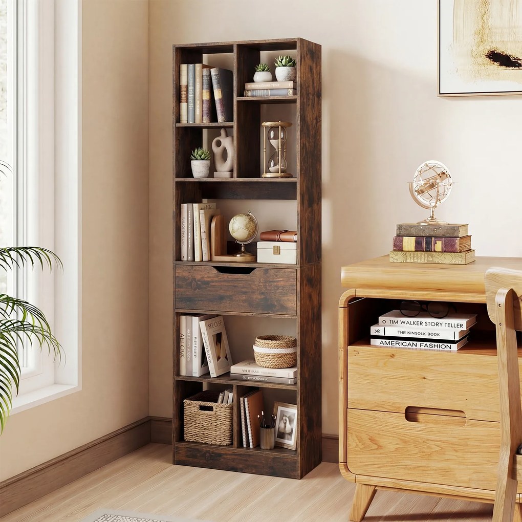 Estante Livreira Industrial, 50 x 24 x 155 cm, 8 Compartimentos e Gaveta, Castanho