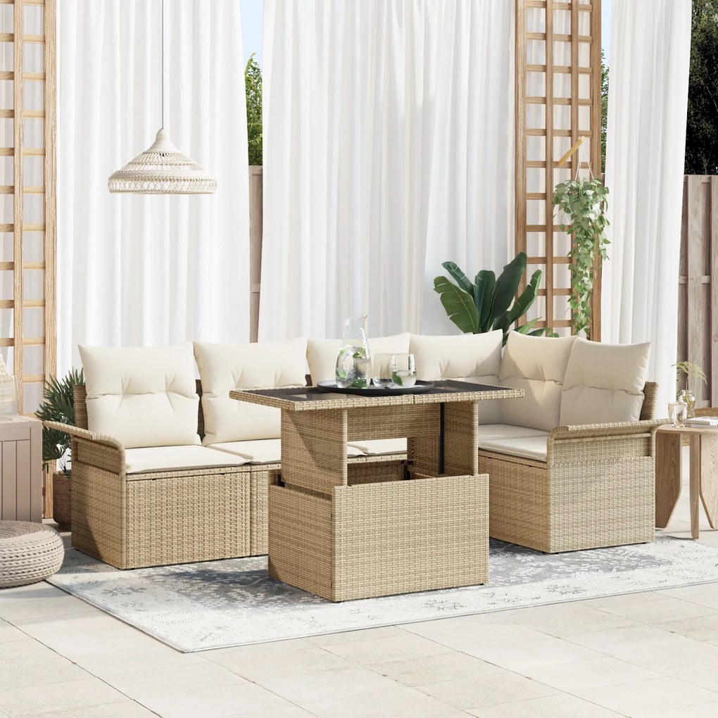 vidaXL Conjunto de Sofás de Jardim de 6 Peças com Almofadas Bege de Vime