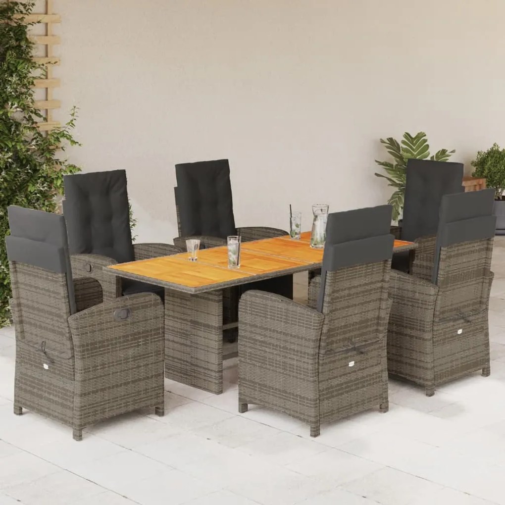 7 pcs conjunto de jantar p/ jardim c/ almofadões vime PE cinza